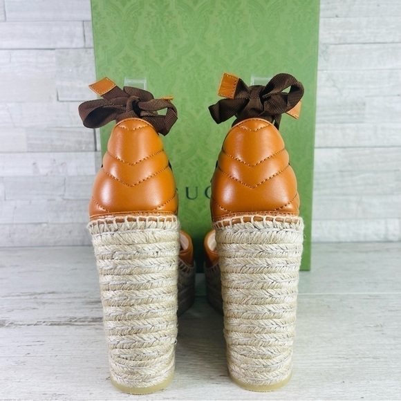 GUCCI SZ 40 Nappa Matelasse GG Marmont Ankle Wrap Espadrille Wedge Cognac - Picture 7 of 14